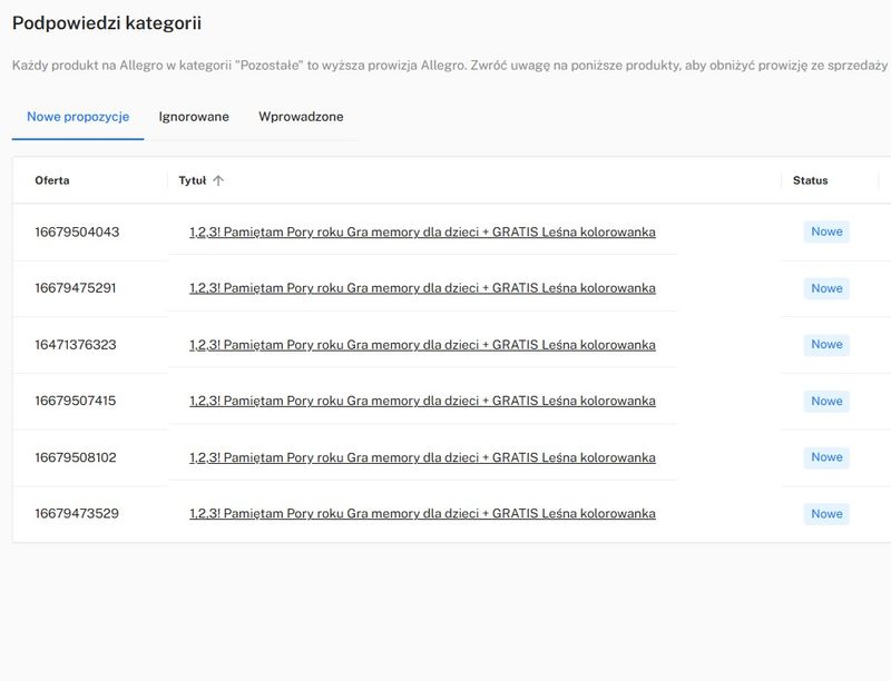 Podgląd modułu Podpowiedzi kategorii w panelu SellersKit